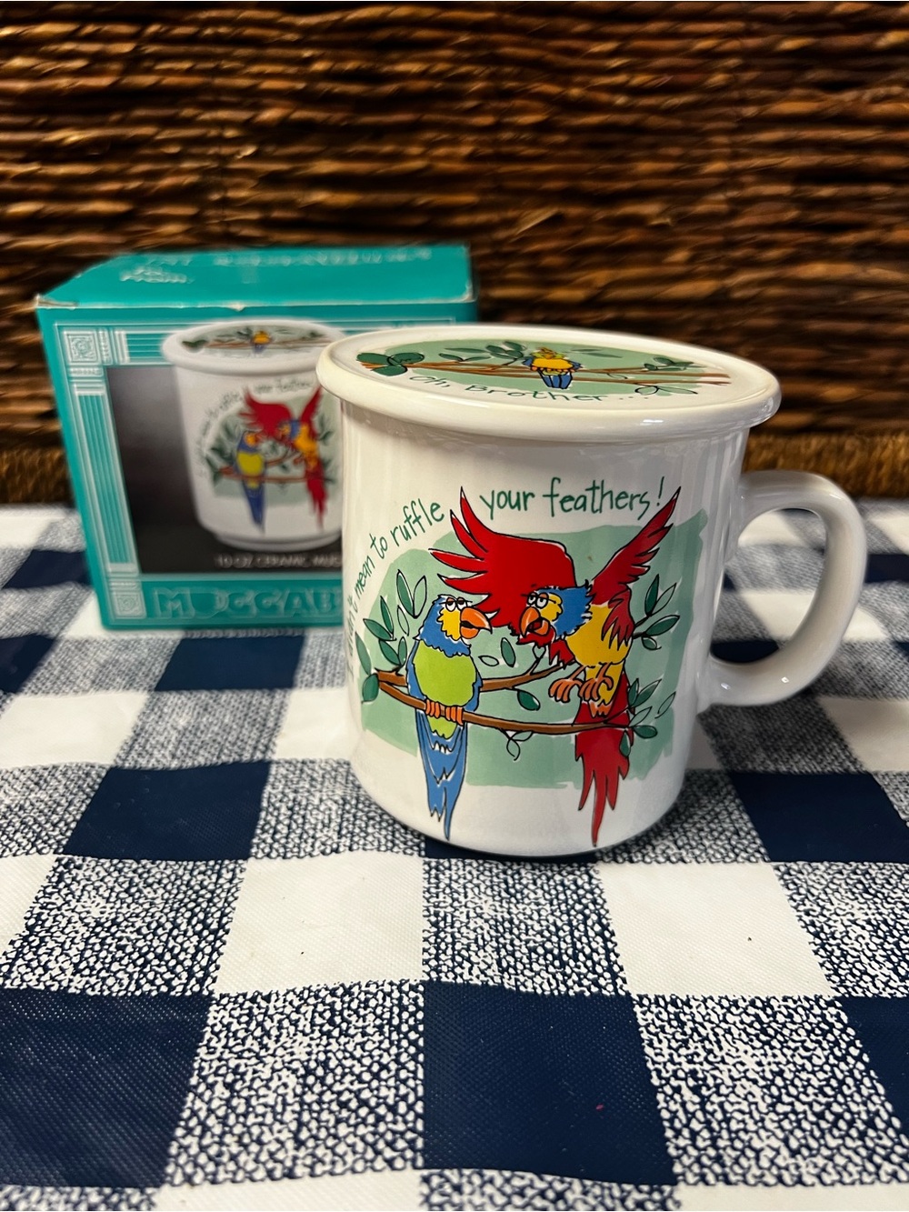 Vintage Muggables Parrot Coffee Mug with Lid & Original Box Ruffle Your Feathers